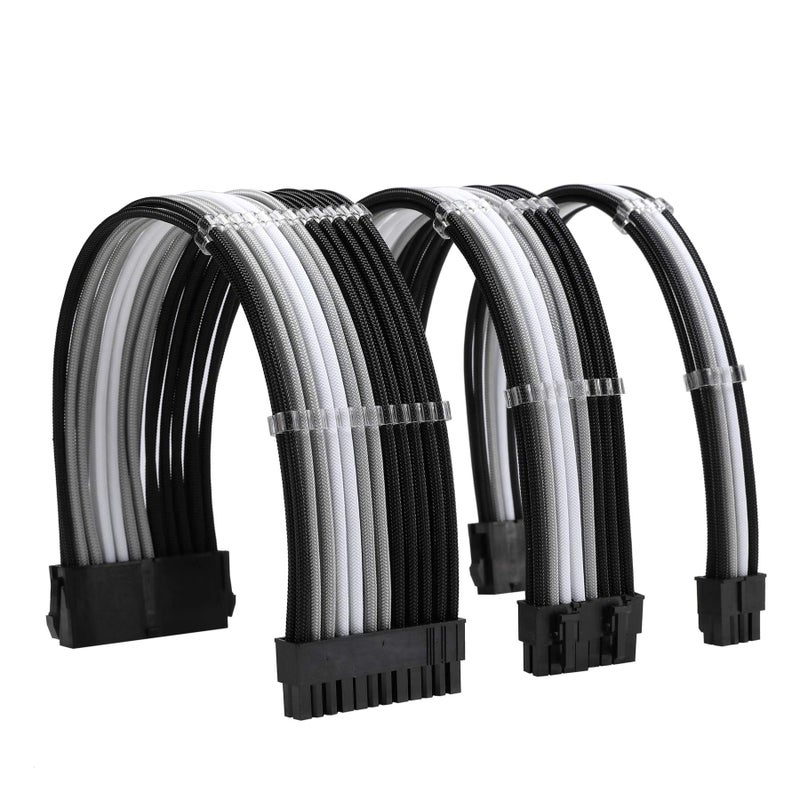 Formulamod Sleeve Extension Power Supply Cable Kit 18AWG ATX 24P+ EPS 8-P+PCI-E8-P with Combs for PSU to Motherboard/GPU Fm-NCK3 (Black Silver White) - Image 1